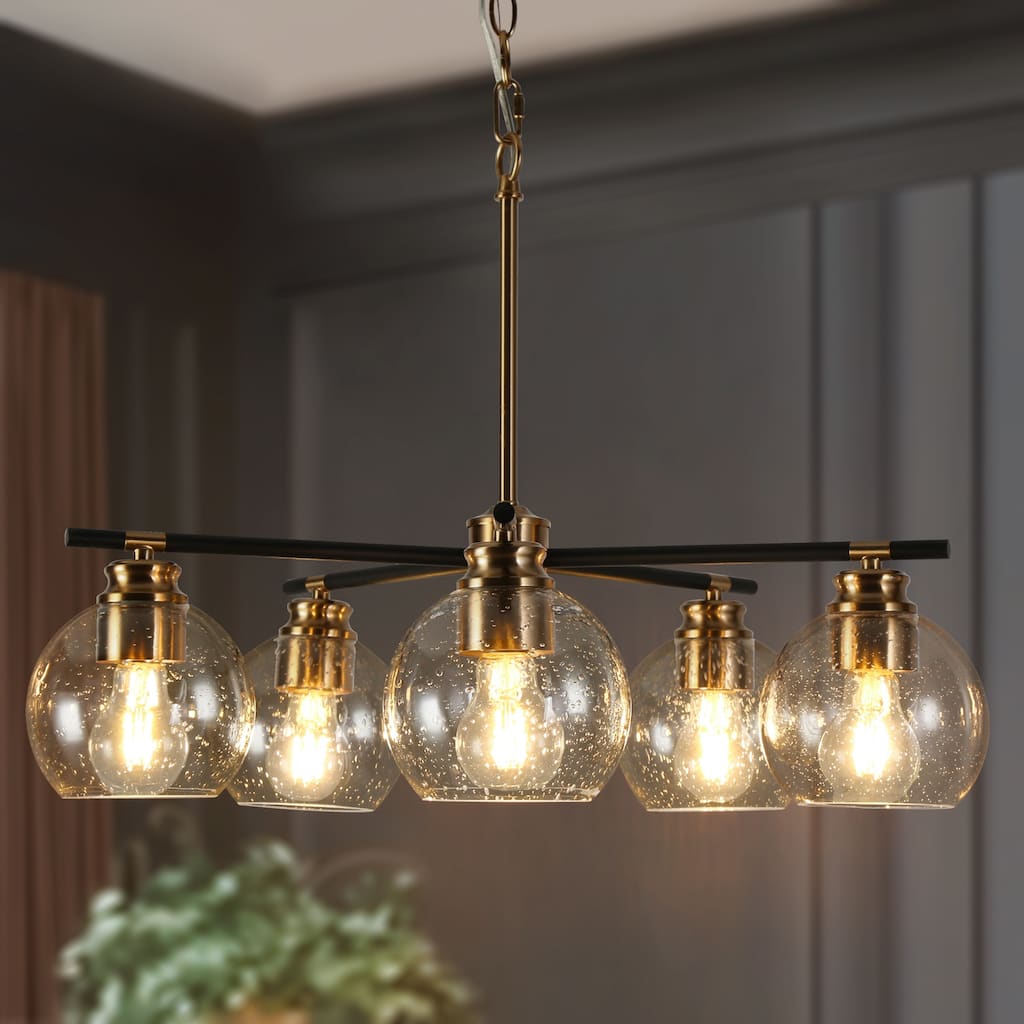 Modern 3/5-Light Black Gold Wheel Chandelier Seeded Glass Pendant Lights for Dining Room