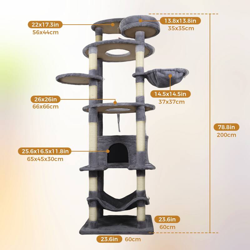 78.8 in Dark Gray Cat Tree Tower with Wide Base, 12 Sisal Scratching Post, Big Hammock,Many landing Perch and Interactive toy