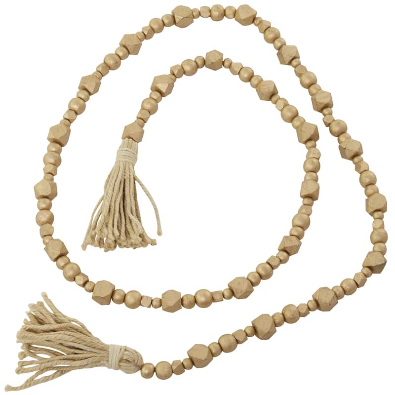 Mango Wood Handmade Hexagon Carved Geometric Long Beaded Garland with Tassel - Roche River Decor
