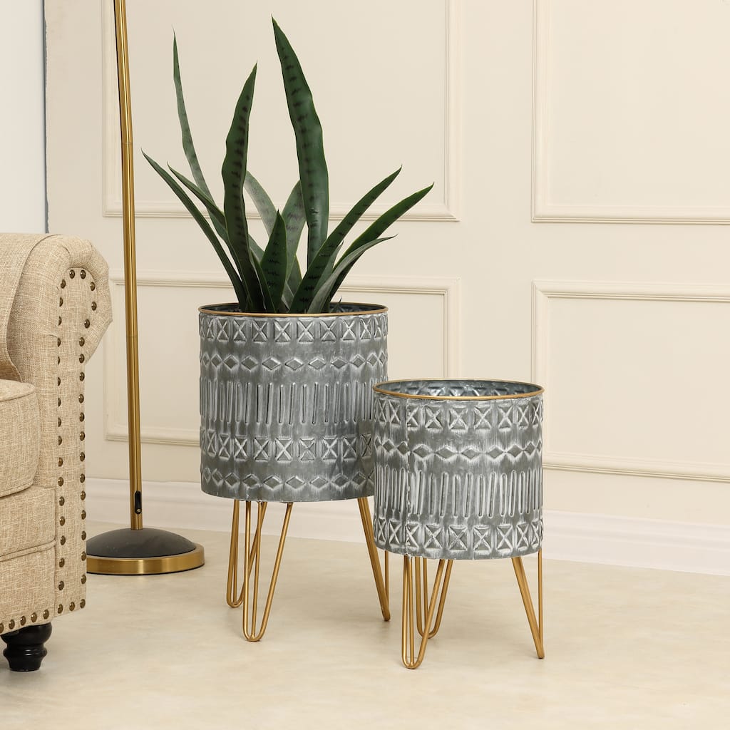Aztec Grey Round Metal Planters with Gold Legs (Set of 2)