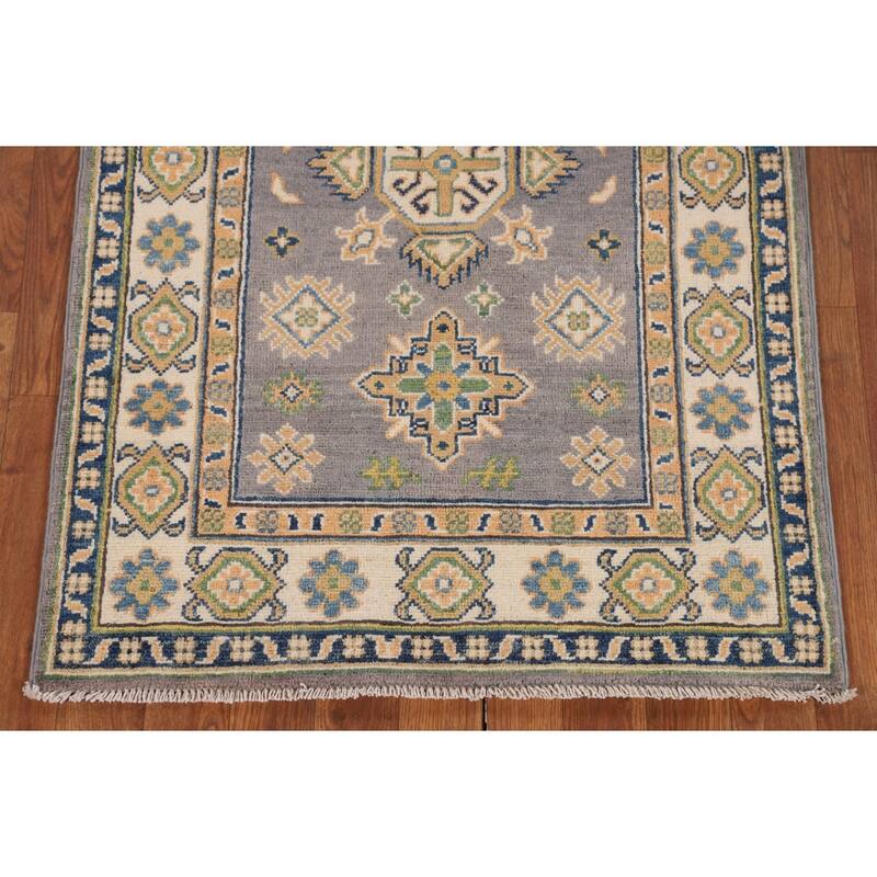 Gray Geometric Kazak Accent Rug Handmade Wool Carpet - 2'8" x 4'2"