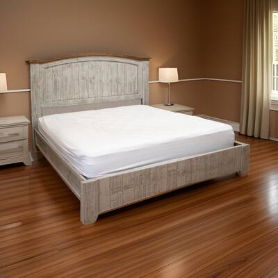 Ata Queen Size Bed, Raised Panel Headboard, Brown, Gray Solid Pine Wood