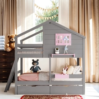 Twin Over Twin Bunk House Shaped Wooden Beds With Windows And Stairs, Bunk Beds With Storage Drawers For Children