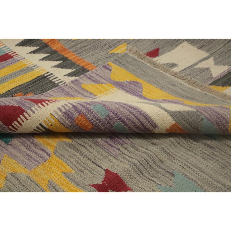 Hand Woven Oriental 100% Wool Carpet Southwestern Tribal Greys & Charcoal Kilim Area Rug - 9' 9'' X 6' 9''