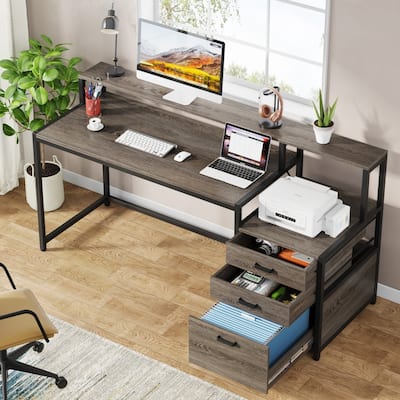 63" Computer Desk with Monitor Stand, Ergonomic Home Office Desks with Drawers File Cabinet