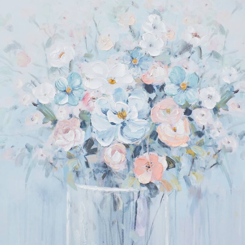 Blue Canvas Bouquet Floral Framed Wall Art with Silver Frame