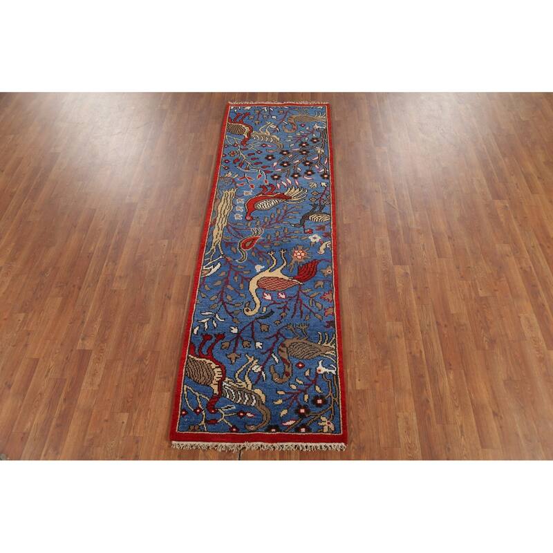 Animals Design Blue Ziegler Indian Runner Rug Hand-Knotted Wool Carpet - 2'6"x 7'11"