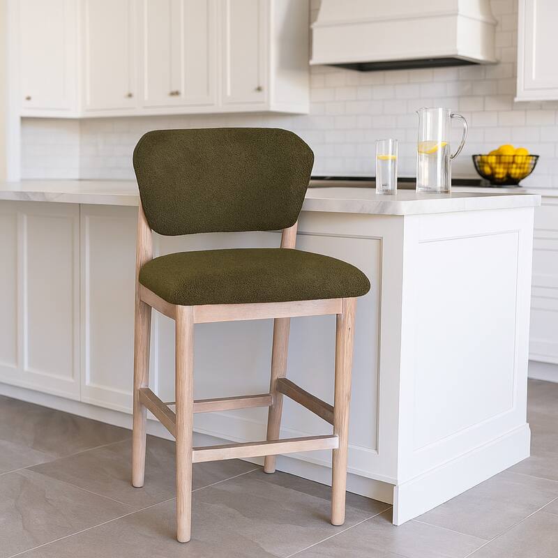 Fela Counter Stool Chair, Moss Green Seat and Back, Natural Brown Wood