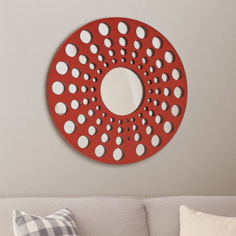 Contemporary Wooden Round Wall Decor Set of 2, with Circle Cut Outs, Red and Silver
