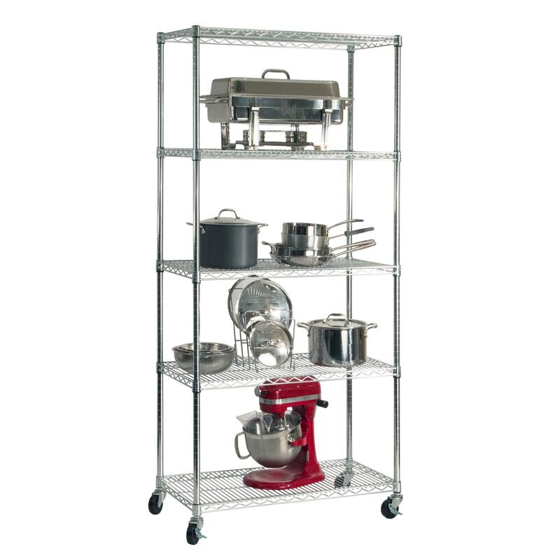Seville Classics Commercial-Grade 5-Tier NSF-Certified Steel Wire Shelving with Wheels, 18" x 36" x 72" - Silver