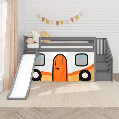Max and Lily Classic Twin Low Loft with Stairs, Easy Slide and Curtain