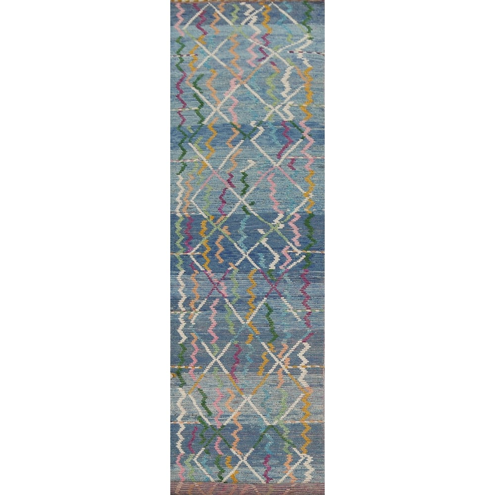 Blue Moroccan Oriental Runner Rug Hand-Knotted Wool Carpet - 2'11"x 16'5"