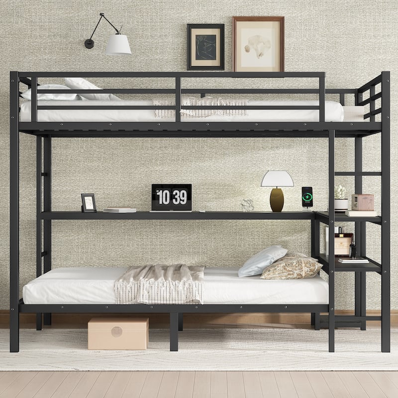FULL Over Twin Bunk Bed with Desk and Shelves, Multiple Placement, with LED and USB, Black