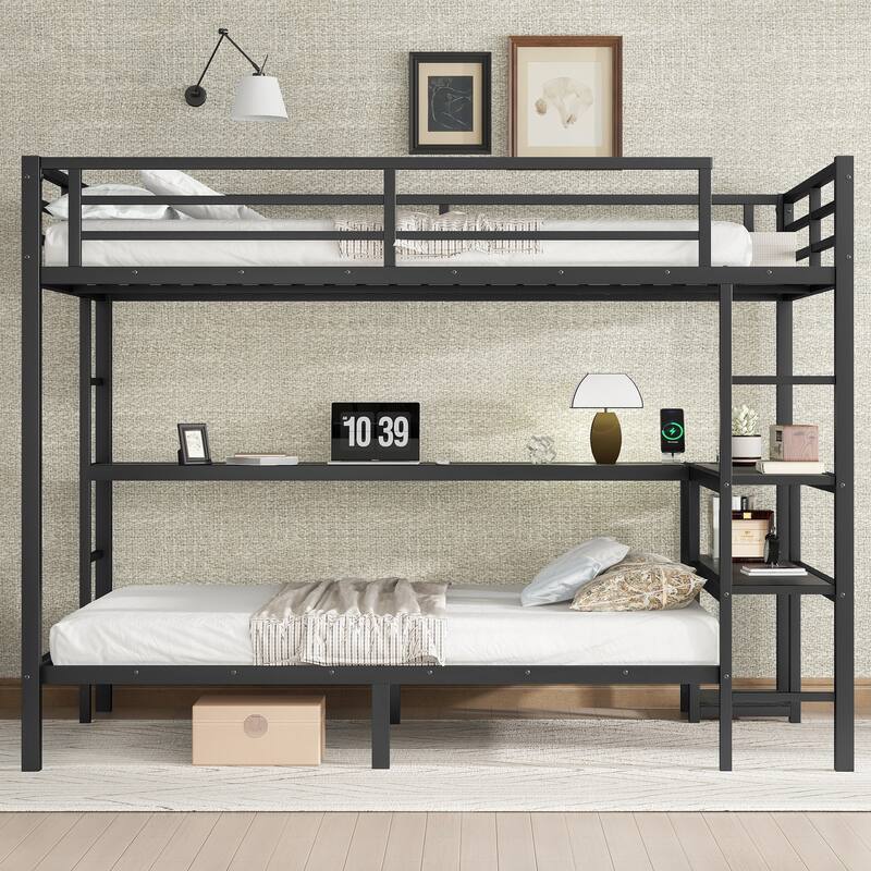 Full Over Twin Bunk Bed with L-shaped Desk, LED Lights, USB Ports and Shelves, Black Metal Bed Frame with Ladders and Guardrail