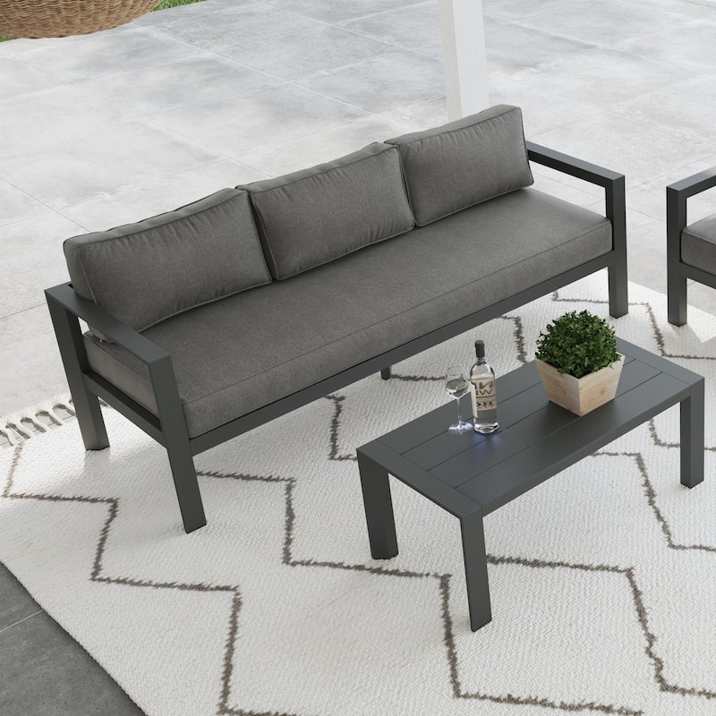 Homestyles Grayton Outdoor Aluminum Sofa with Lounge Chairs and Coffee Table - 81" x 26" x 29"