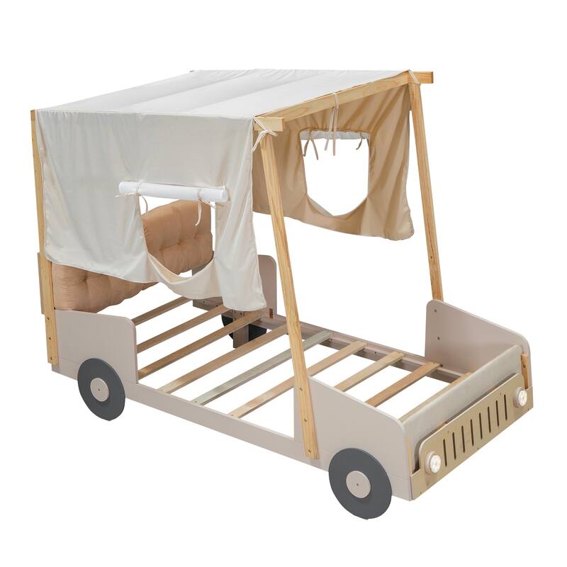 Wood Twin Size Car Bed with Pillow, Ceiling Cloth, LED and Canopy Frame, Wood Kid Bed Frame, No Box Spring Needed