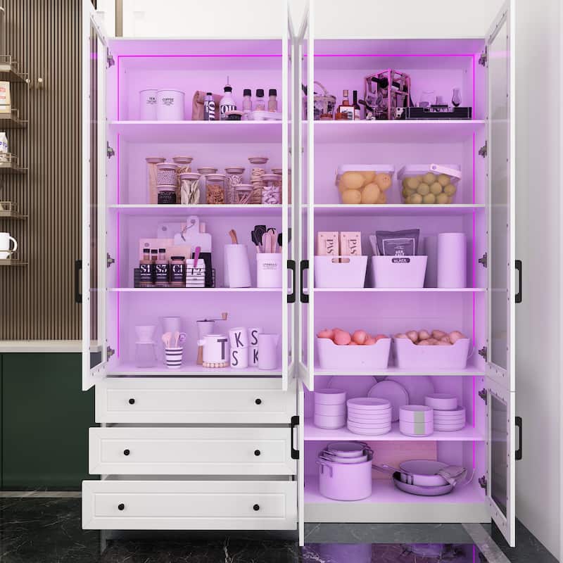 White Storage Solution with Ambient Light Features Pantry Bookshelves - 63"X78.7“