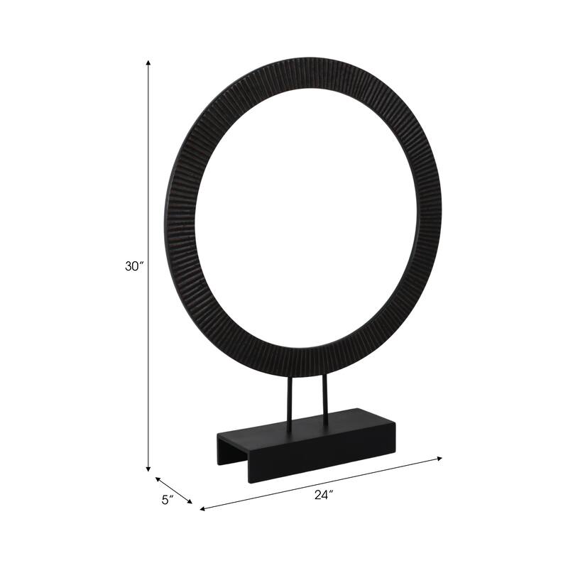 Wood and Iron Ring Sculpture on Base with Modern Grooved Texture