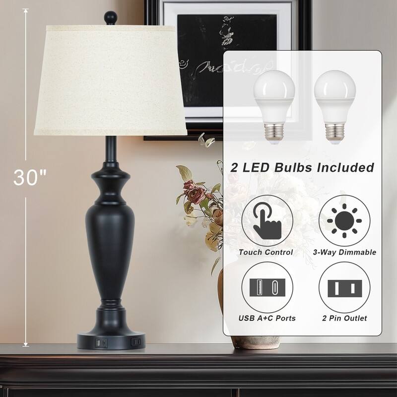 30'' Black Modern Table Lamps with USB-C Charging, Touch Dimmer(Set of 2) - 13'' x 13'' x 30