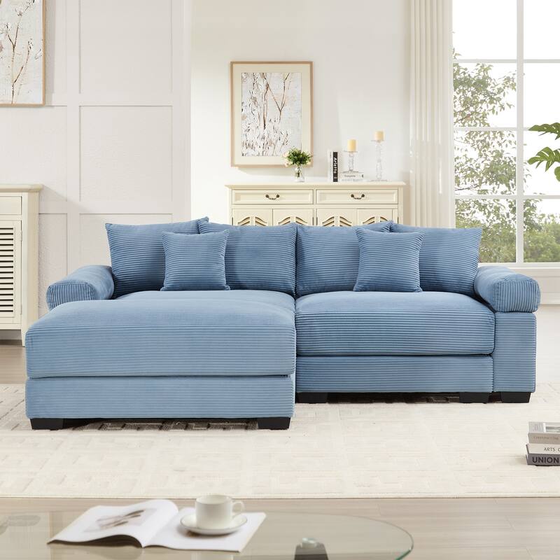 Roomfitters 82.6"/92" Modular L-Shape Sectional, Corduroy Cloud Couch with Ottoman & 6 Pillows