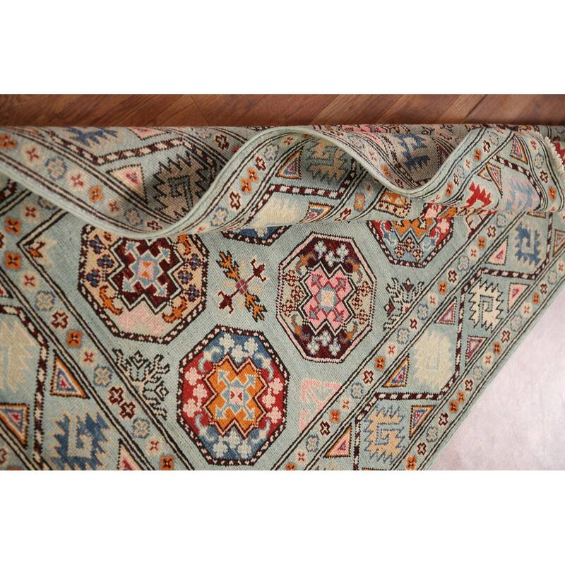 Geometric Kazak Rug Hand-Knotted Blue Wool Carpet - 3'3"x 4'11"