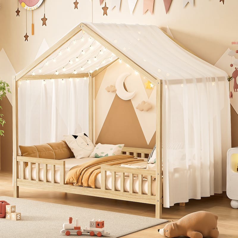 Montessori Bed, House-shape Frame Platform Bed for Kids Toddler, Wood House Daybed with High Railings and Roof, Canopy Bed Frame