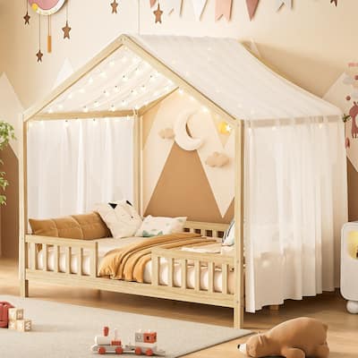Montessori Toddler Bed Kids House Bed with Airy Canopy, Wood Bed Frame Bed Tent with 4 Full Guardrails, No Box Spring Needed