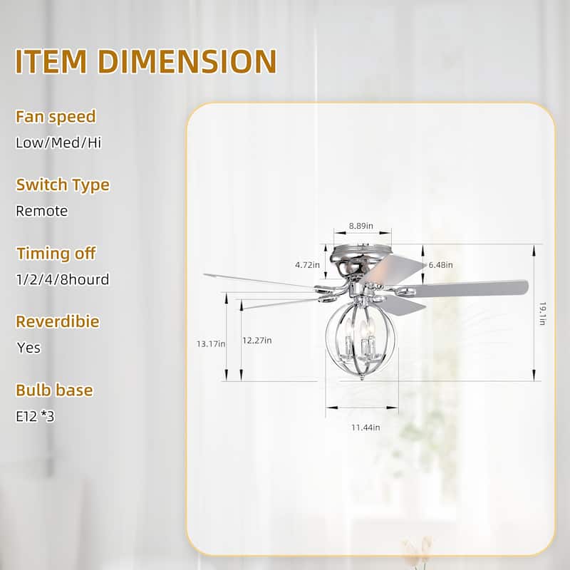 5-blade 52-inch Chrome Ceiling Fan with 3-Light (NO INCLUDE BULB) Chandelier (Remote Controlled)