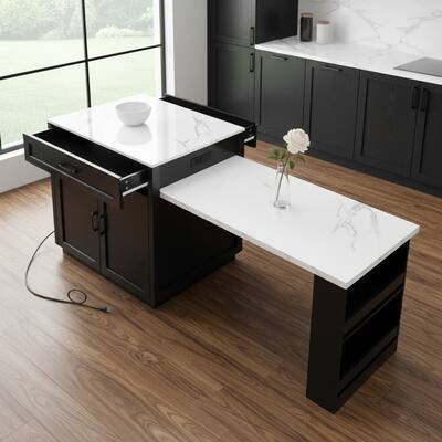 HomeRoots 55" Black And White Wood And Faux Marble Rolling Kitchen Island With Storage - 55.10 in. x 36.20 in. x 27.60 in.