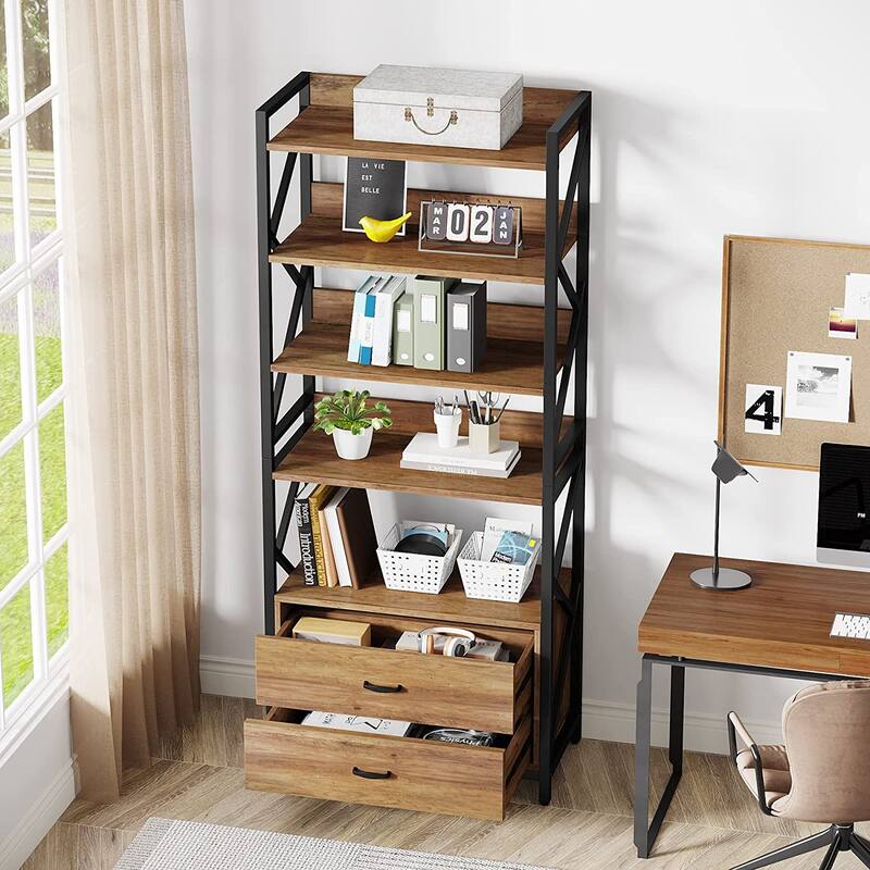 5 Shelf Bookcase 70.86 Inch Industrial Bookshelf with 2 Drawers,
