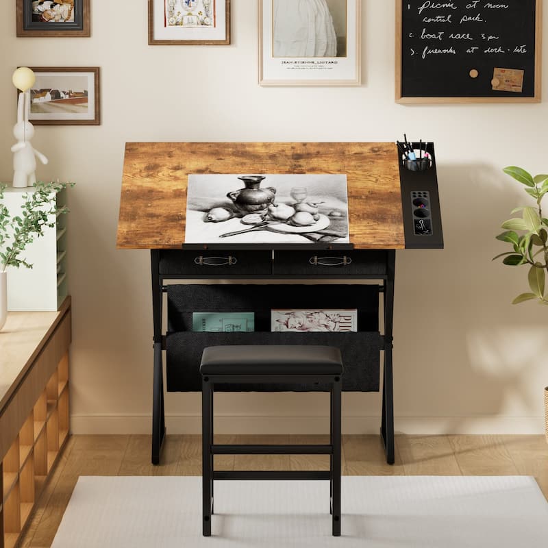 Javlergo Drafting Table Drawing Table Artist Desk Tilting Tabletop Art Craft Desk 2 Storage Drawers and Stool for Home Office