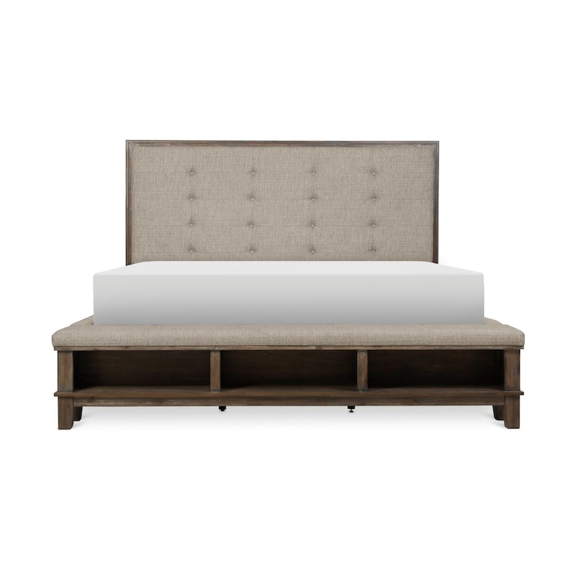 Emma 4 Piece Gray Modern Fabric Upholstered Tufted Shelves Panel Bedroom Set