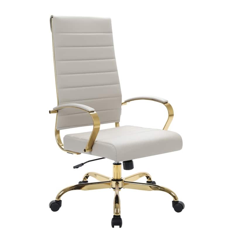 Benmar Ergonomic Ribbed Backrest Leather Executive Office Chair with Gold Frame, Adjustable Height, Tilt, Swivel, Smooth Casters