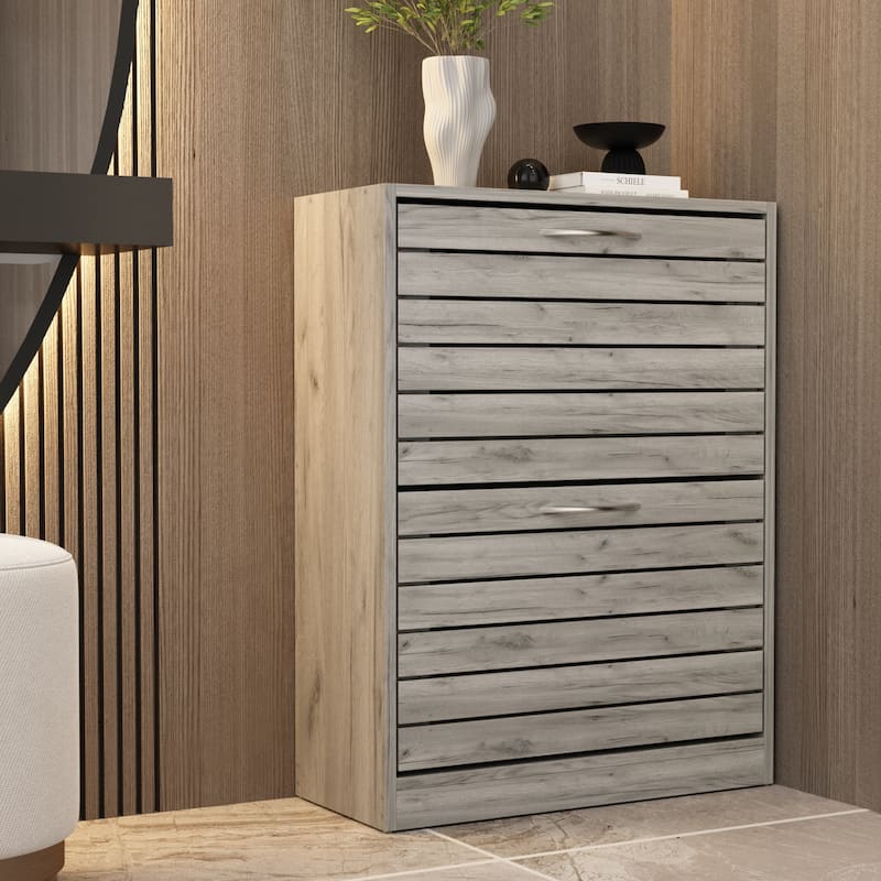 6-12 Pair Shoe Storage Cabinet Two Drawer Space Saving Grey/Oak - Grey