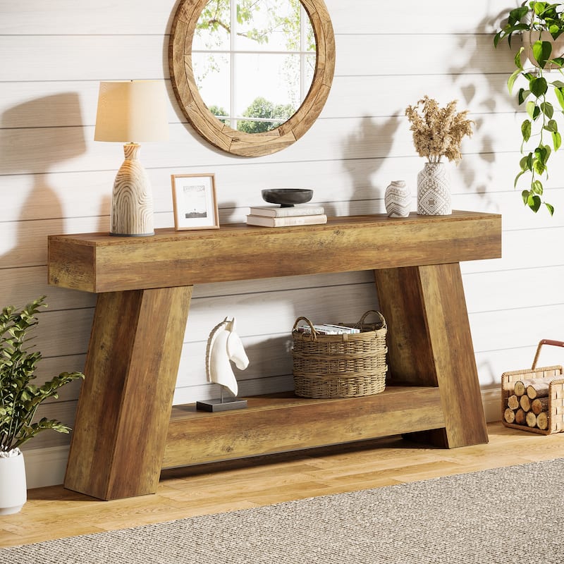 Industrial Rectangular Wooden 2-Tier Console Table for Extra Storage