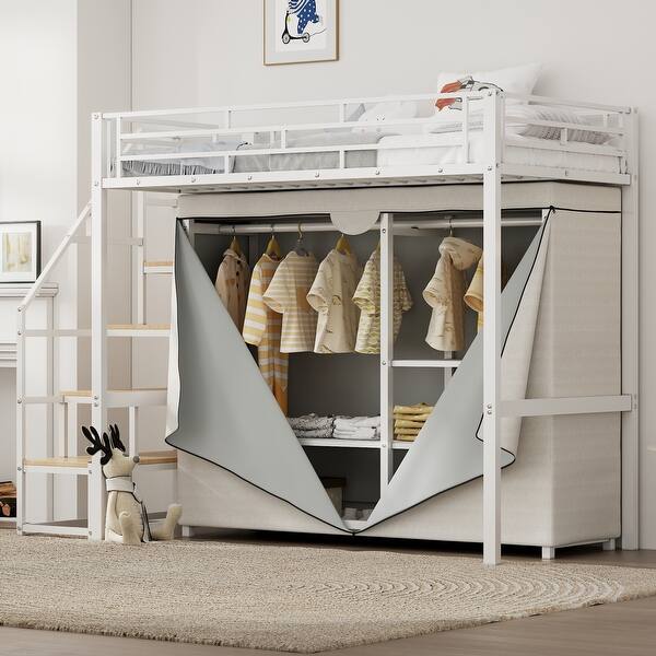 slide 2 of 12, Twin Size Loft Bed with Wardrobe and Shelves, White