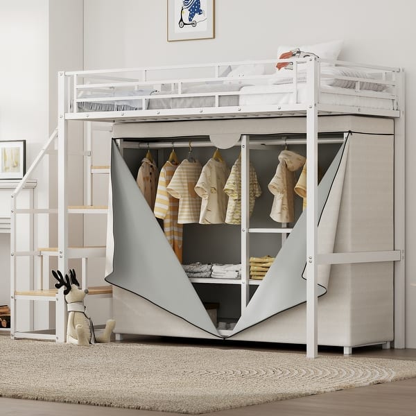 slide 2 of 12, White Twin Size Metal Loft Bed with Wardrobe and Storage Shelves for Kids, Boys and Girls, Bedroom Twin - White