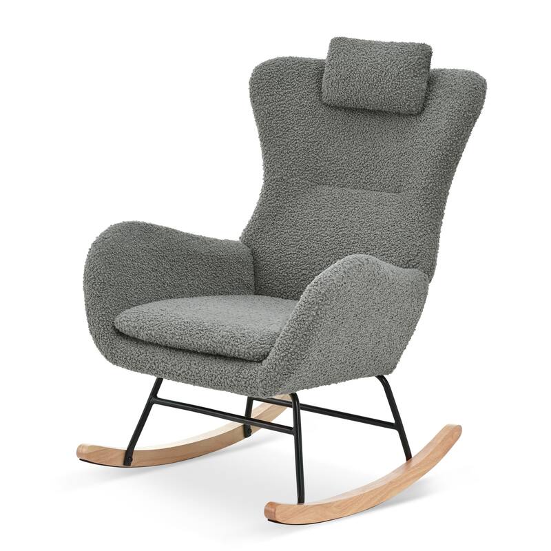 Polyester Glider Chair with Adjustable Headrest and Storage Pocket, Rubber Wood Base