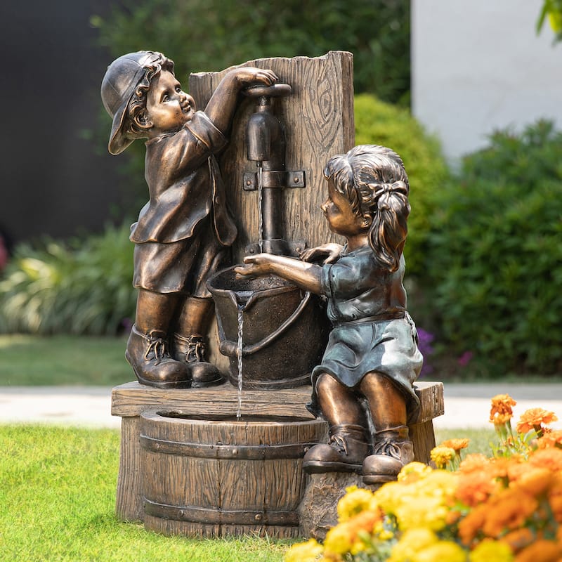 Glitzhome 26"H Polyresin LED Bronze Children Playing with Faucet Outdoor Water Fountain Boy and Girl Statue for Patio Garden