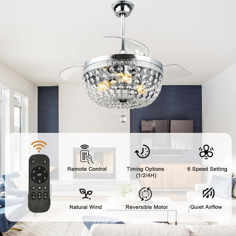 Bella Depot 42 Modern Crystal Retractable Ceiling Fan with Light and Remote - 42"