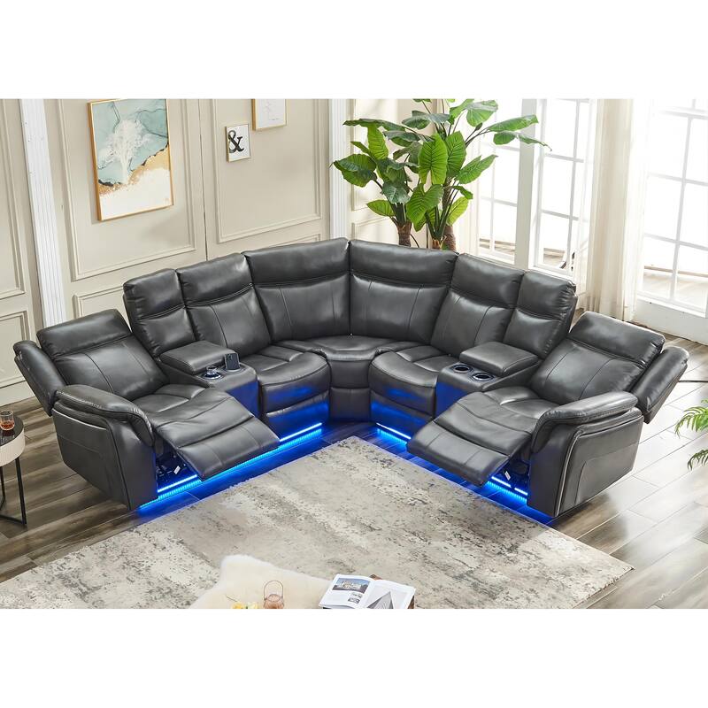 Power Reclining Sectional Sofa Couch with LED Light Recliner Faux Leather L-Shaped Cup Holder,USB Port for Living Room Black - Gray-Power-Sectional-Sofa