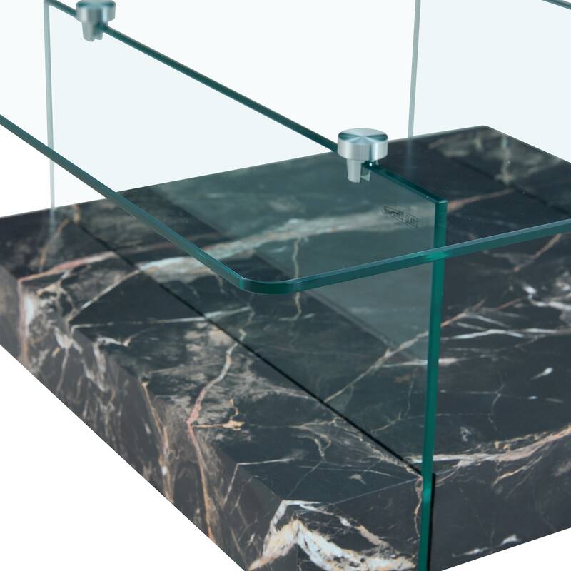 Roomfitters Square Glass Coffee Table with Walnut Finish, Two-Tier Modern Accent Table for Compact Spaces