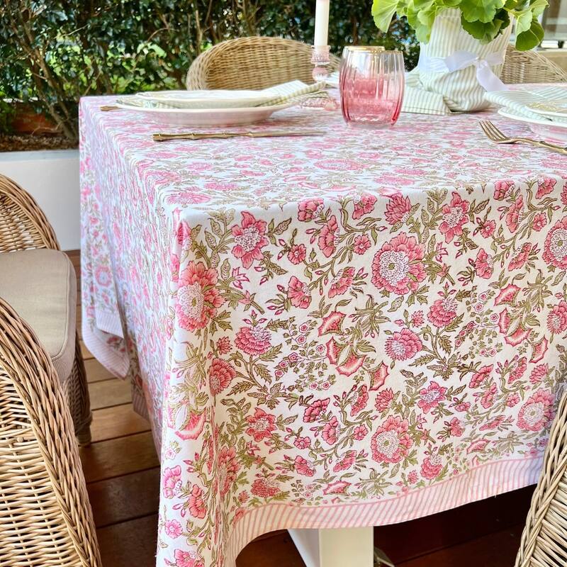 Rectangle tablecloth - Pink and green Beatrice - 70" x 108"