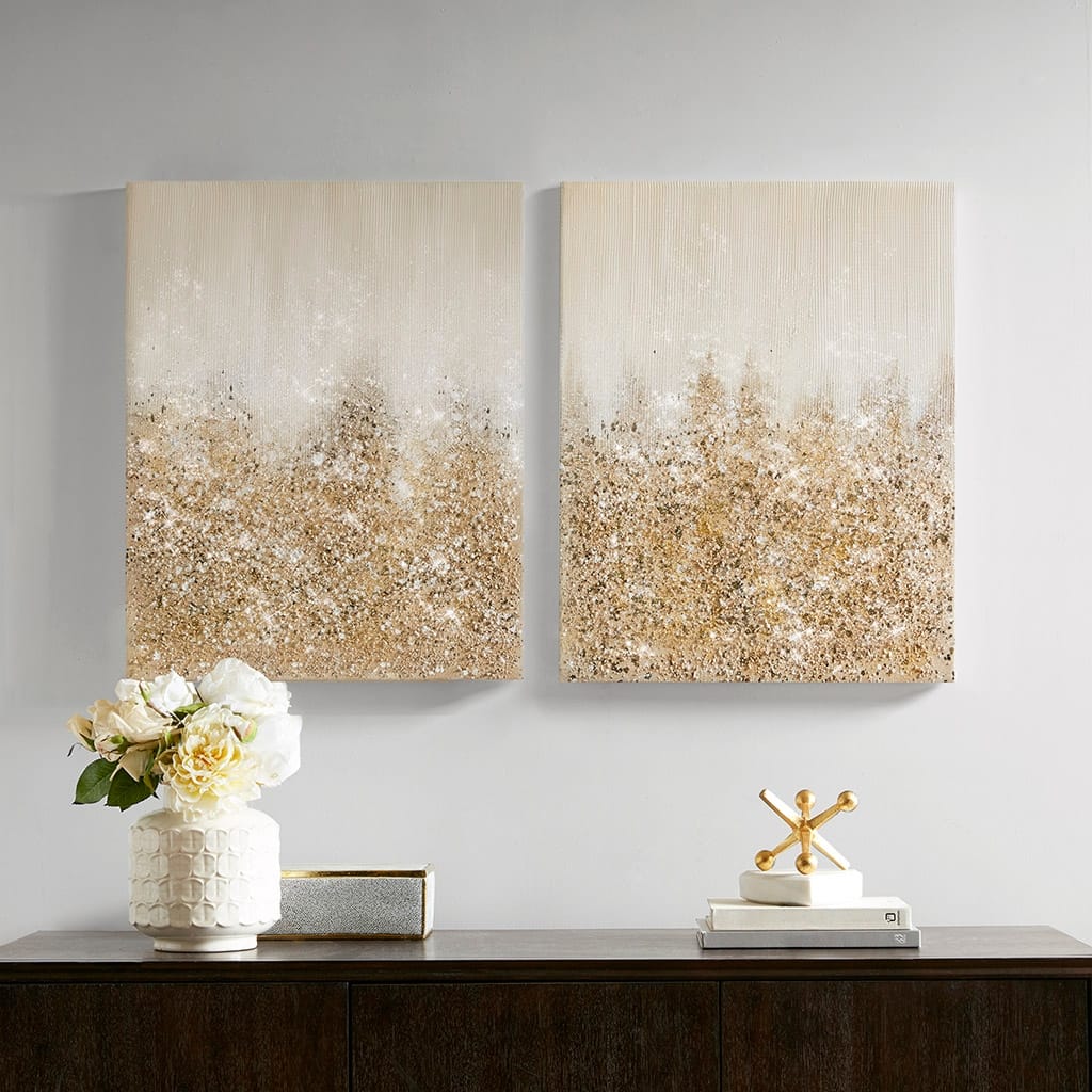 Heavily Embellished 2-piece Canvas Wall Art Set - Chalk/Gold