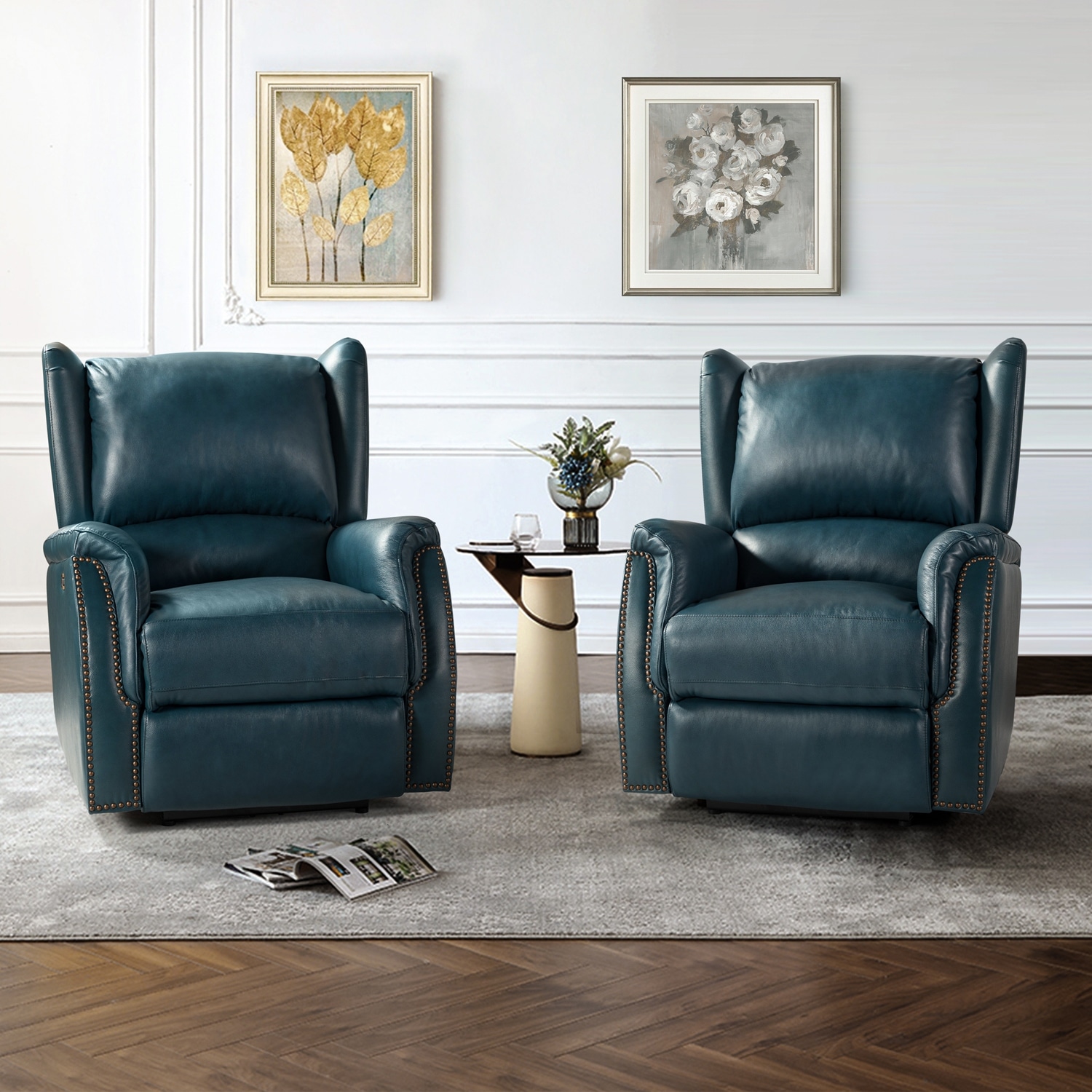 Eliseo Traditional Genuine Leather Wooden Upholstery Power Recliner with USB Port and Wingback Design Set of 2
