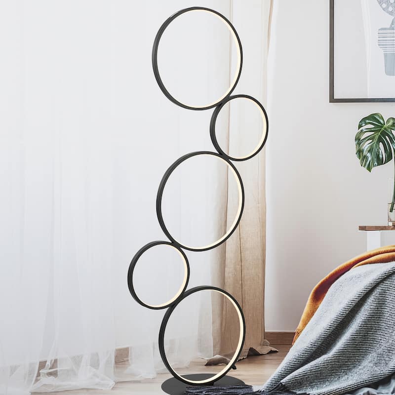 Nero Stacked Circles 45" 5-Light Contemporary Modern Iron/Aluminum Integrated LED Floor Lamp, Black by JONATHAN Y