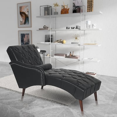 Black Modern 59.5" PU Upholstered Buttons Tufted Chaise Lounge Chair with Pillow and Solid Wood Legs