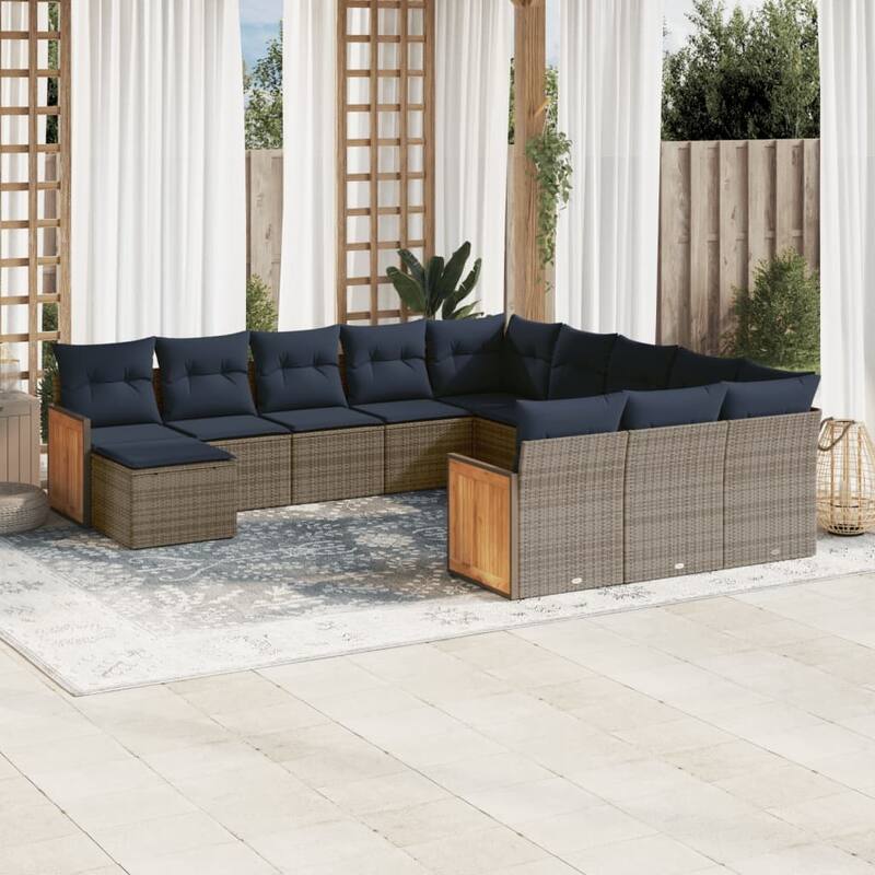 vidaXL 12/13 Piece Patio Sofa Set with Cushions Black/Gray Poly Rattan - 21.7 x 24.4 x 27.2 - Gray Without table
