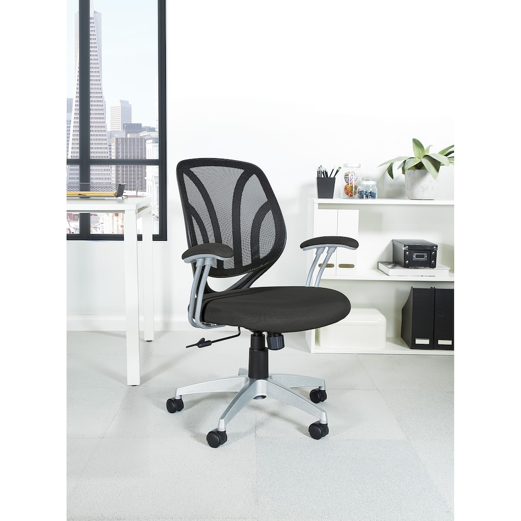 Screen Back Chair with Black Mesh Fabric and Silver Coated Arms and Base