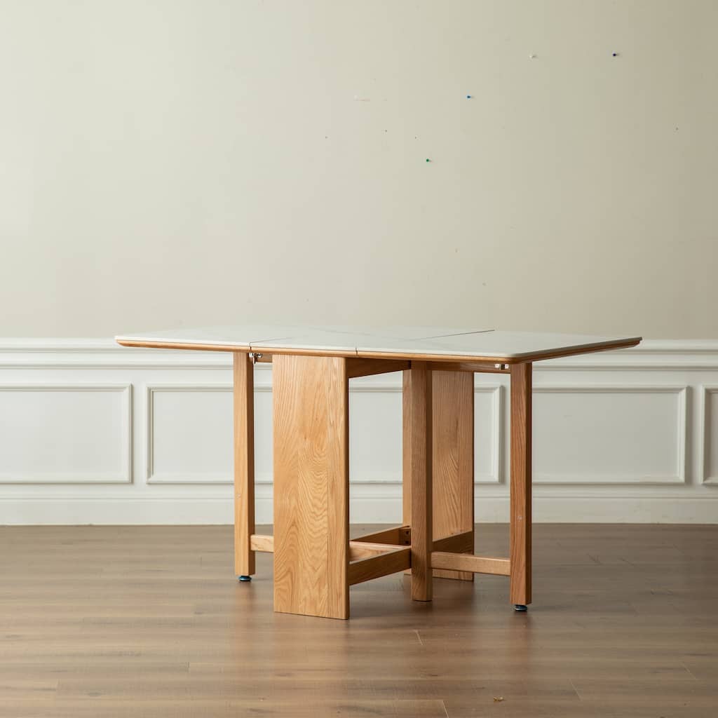 GDFStudio - Rutherford Modern 59.06" Solid Oak Wood Extending Dining Table with Rock Slab Top - 59.06"W